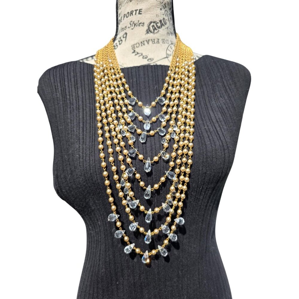 Vintage Miriam Haskell 8 Strand Crystal Faux Pearl Runway‎ Statement Necklace